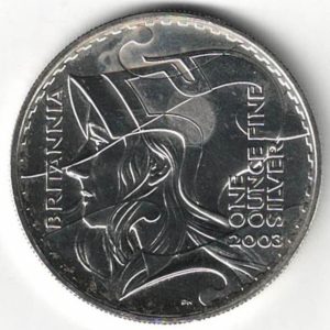 2003 Silver Britannia One Ounce Coin. The coin contains one ounce of fine silver. All of our silver coins have been pre-owned and are in stock.