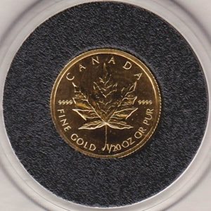 2003 Canada Gold Twentieth Ounce Maple Leaf Coin. This Gold Twentieth Ounce Maple Leaf coin was struck in 9999 Fine Gold and weighs approx. 1.555 grams.