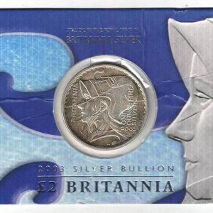 2003 Silver Britannia One Ounce in Card Pack. The coin contains one ounce of fine silver. All of our silver coins have been pre-owned and are in stock.