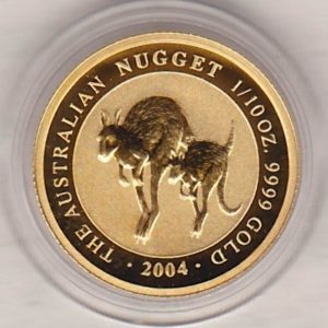 2004 Gold Australia Tenth Ounce coin. This gold coin features Queen Elizabeth II on the Obverse. Two kangaroos on the Reverse.