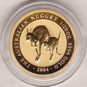 2004 Australia Gold Twentieth Ounce Coin. This Australian Nugget Gold Twentieth Ounce coin was struck in 9999 Fine Gold and weighs approx. 1.571 grams.