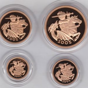 2005 Four Coin Gold Proof Set. This four coin gold sovereign set comes boxed with certificate as issued by the Royal Mint.