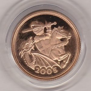 2005 gold proof sovereign coin featuring queen Elizabeth II on the Obverse & the modern interpretation of St George & the Dragon reverse.