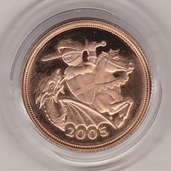 2005 gold proof sovereign coin featuring queen Elizabeth II on the Obverse & the modern interpretation of St George & the Dragon reverse.