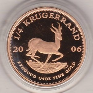 2006 South Africa Gold Proof Quarter Ounce Krugerrand coin featuring Paul Kruger on the Obverse. The springbok antelope is on the Reverse.