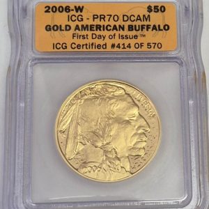 2006 Gold Proof USA One Ounce Buffalo coin. This coin comes slabbed and graded by ICG PR70 DCAM. This is a high grade example.
