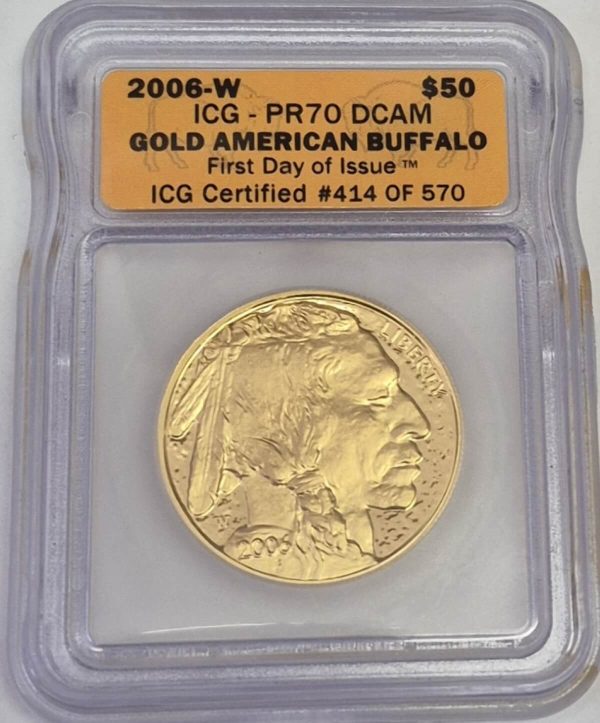 2006 Gold Proof USA One Ounce Buffalo coin. This coin comes slabbed and graded by ICG PR70 DCAM. This is a high grade example.