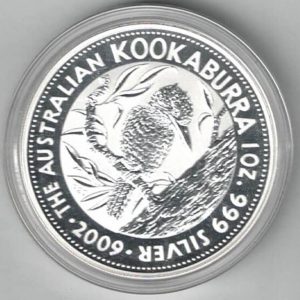 2009 Silver Australia One Ounce Kookaburra Elizabeth II is on the obverse, The Kookaburra is on the reverse. The coin contains one ounce of 999 fine silver