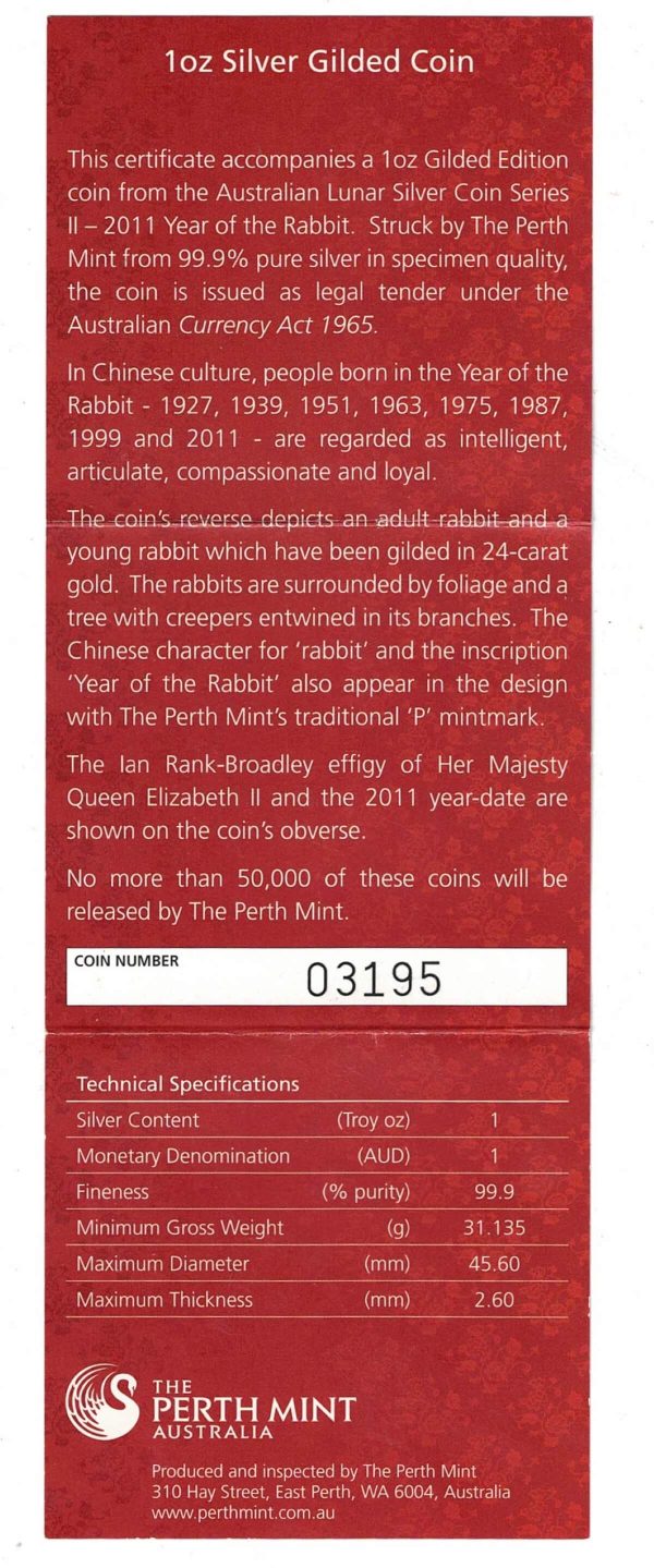 2011 Australia Silver Gilded One Ounce Year Of The Rabbit - Image 3