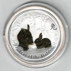 2011 Silver Australia One Ounce Rabbits. Elizabeth II is on the obverse, The two rabbits is on the reverse. The coin contains one ounce of 999 fine silver.