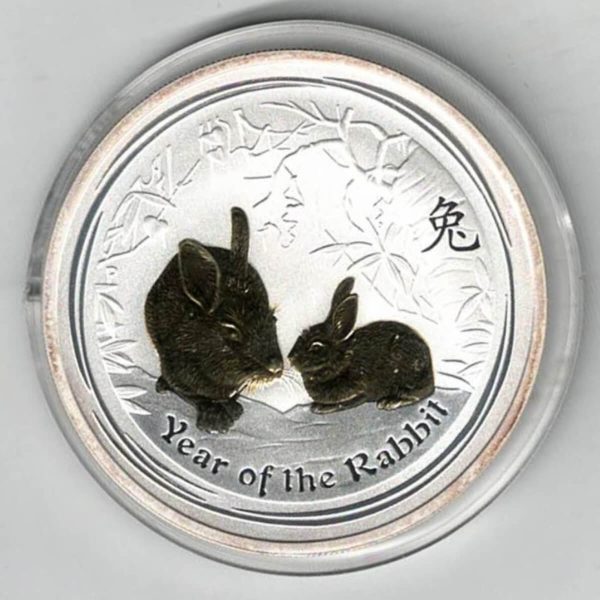2011 Silver Australia One Ounce Rabbits. Elizabeth II is on the obverse, The two rabbits is on the reverse. The coin contains one ounce of 999 fine silver.