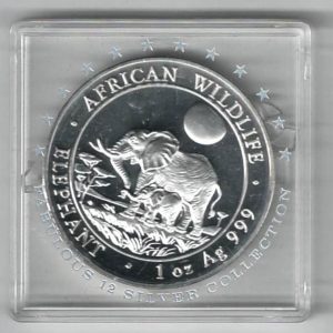 2011 Silver Somali republic One Ounce Elephant. This Coin does feature an Elephant. The coin contains one ounce of 999 fine silver.