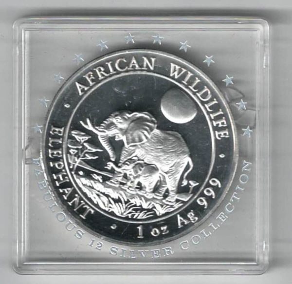 2011 Silver Somali republic One Ounce Elephant. This Coin does feature an Elephant. The coin contains one ounce of 999 fine silver.