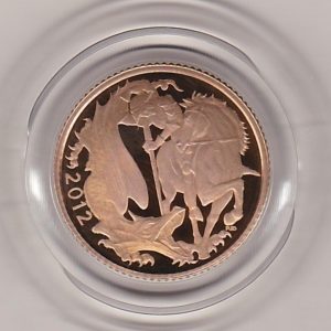 2012 gold proof half sovereign coin in capsule. This coin features Queen Elizabeth II on the obverse and stylized St George and the dragon on the Reverse.