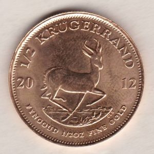 2012 South Africa Gold Half Ounce Krugerrand featuring Paul Kruger on the Obverse. The springbok antelope is on the Reverse.