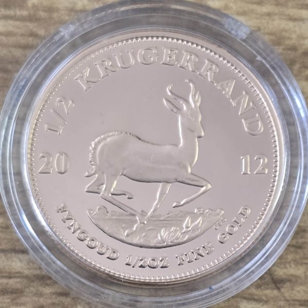 2012 South Africa Gold Proof Half Ounce Krugerrand featuring Paul Kruger on the Obverse. The springbok antelope is on the Reverse.