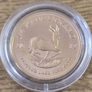 2012 South Africa Gold Proof Quarter Ounce Krugerrand coin featuring Paul Kruger on the Obverse. The springbok antelope is on the Reverse.