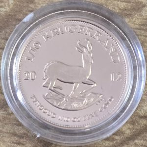 2012 South Africa Gold Proof Tenth Ounce Krugerrand. This tenth ounce gold coin features Paul Kruger on the Obverse. The springbok on the Reverse.