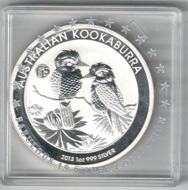 2013 Silver Australia One Ounce Kookaburra Elizabeth II is on the obverse, The 2 Kookaburras on the reverse. The coin contains one ounce of 999 fine silver