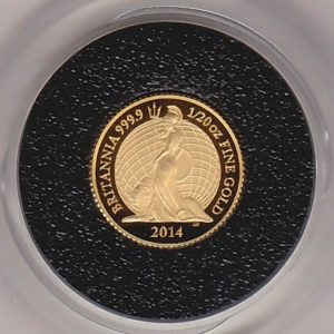 2014 Gold Proof Twentieth Ounce Britannia coin featuring Queen Elizabeth II on the Obverse. The standing Britannia features on the Reverse.