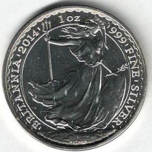 2014 Silver Britannia One Ounce Coin. The coin contains one ounce of 999 fine silver. All of our silver coins have been pre-owned and are in stock.