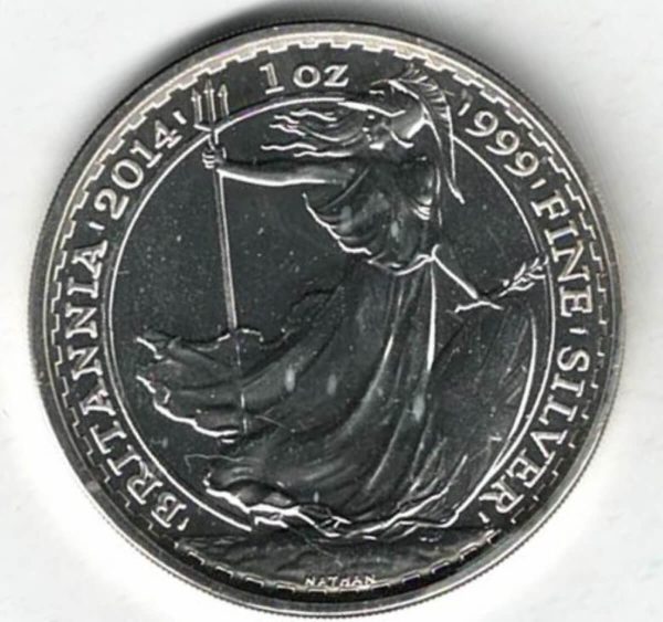 2014 Silver Britannia One Ounce Coin. The coin contains one ounce of 999 fine silver. All of our silver coins have been pre-owned and are in stock.