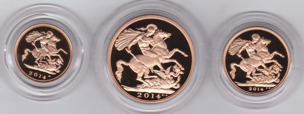 2014 Gold Proof Three Coin Set. This three coin gold sovereign set comes boxed with certificate as issued by the Royal Mint.