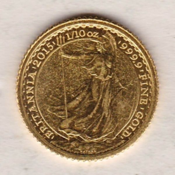 2015 Gold Tenth Ounce Britannia coin featuring Queen Elizabeth II on the Obverse. The standing Britannia holding a trident features on the Reverse.