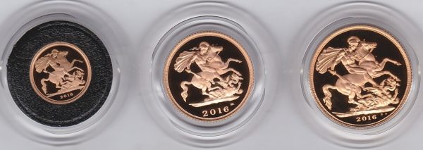2016 Three Coin Gold Proof set. This three coin gold sovereign set comes boxed with certificate as issued by the Royal Mint.