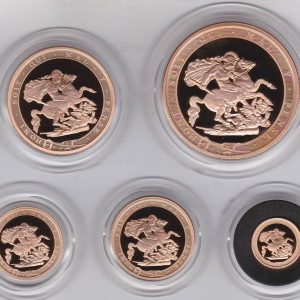 2017 Five Coin Gold Proof Set. This five coin gold sovereign set comes boxed with certificate as issued by the Royal Mint.