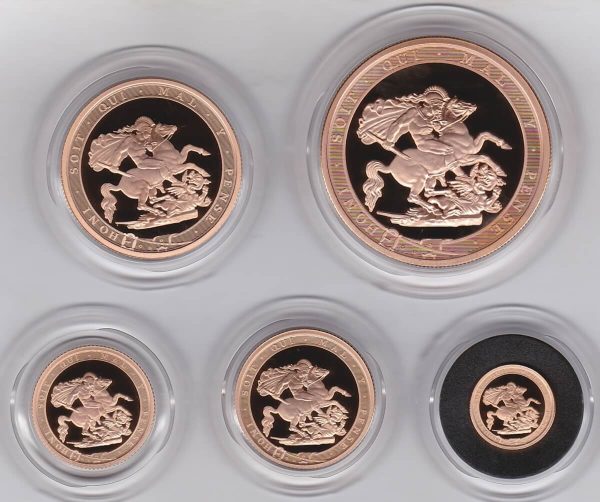 2017 Five Coin Gold Proof Set. This five coin gold sovereign set comes boxed with certificate as issued by the Royal Mint.