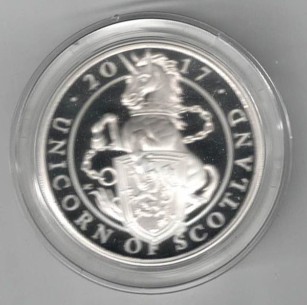 2017 Silver Proof One Ounce Unicorn of Scotland. The coin contains one ounce of 999 fine silver. All of our silver coins are in stock.