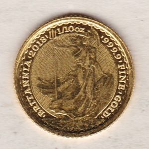 2018 Gold Tenth Ounce Britannia coin featuring Queen Elizabeth II on the Obverse. The standing Britannia holding a trident features on the Reverse.