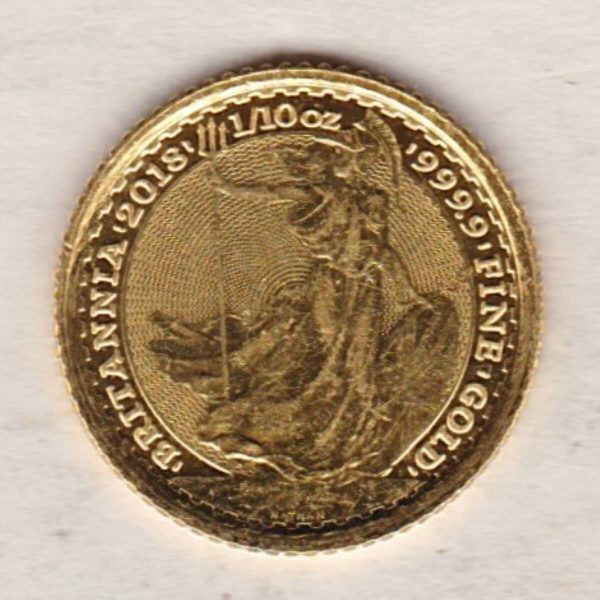 2018 Gold Tenth Ounce Britannia coin featuring Queen Elizabeth II on the Obverse. The standing Britannia holding a trident features on the Reverse.