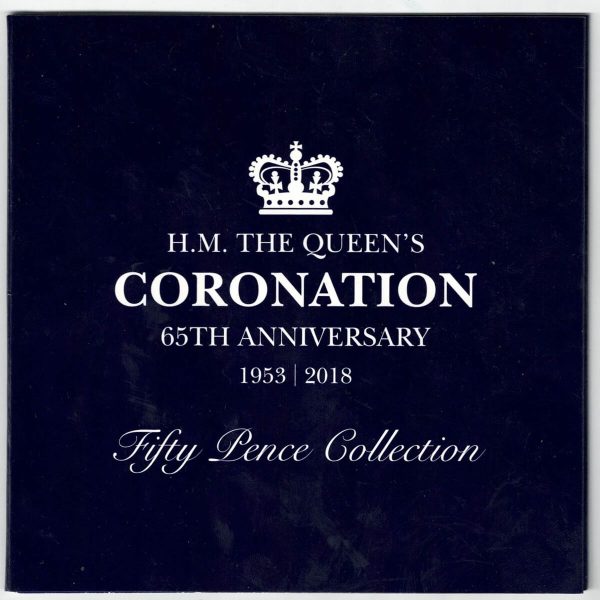 2018 Isle Of Man The Queen's Coronation Five Coin Fifty Pence Set. The obverse features the portrait of Queen Elizabeth II facing right.