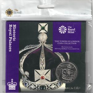 2019 Five Pounds Coin Tower of London. featuring Queen Elizabeth II on the Obverse. The Crown of Mary of Modena on Reverse. All coins are in stock.