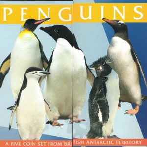 2019 British Antarctic Penguins Fifty Pence Five Coin Set. The obverse features the portrait of Queen Elizabeth II facing to the right.