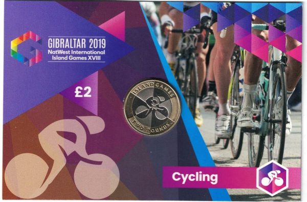 2019 Gibraltar Island Games Cycling Two Pound Coin. The obverse features the portrait of Queen Elizabeth II facing to the right.