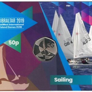2019 Gibraltar Island Games Sailing Fifty Pence Coin. The obverse features the portrait of Queen Elizabeth II facing to the right.