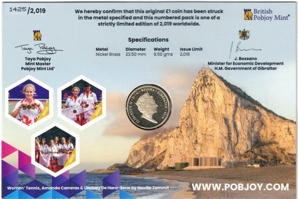 2019 Gibraltar Island Games Tennis One Pound Coin - Image 2