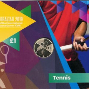 2019 Gibraltar Island Games Tennis One Pound Coin. The obverse features the portrait of Queen Elizabeth II facing to the right.