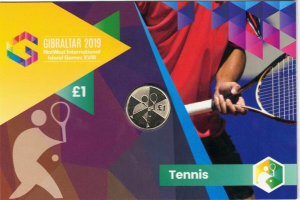 2019 Gibraltar Island Games Tennis One Pound Coin. The obverse features the portrait of Queen Elizabeth II facing to the right.