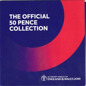 2019 Isle Of Man Cricket World Cup Five Coin Fifty Pence Set. The obverse features the portrait of Queen Elizabeth II facing right.