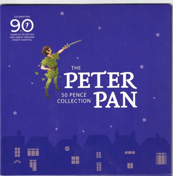 2019 Isle Of Man Peter Pan Six Coin Fifty Pence Set. The obverse features the portrait of Queen Elizabeth II facing right.