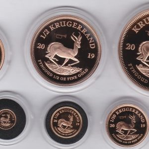 2019 South Africa Gold Proof Remembrance Krugerrand Six Coin Set. This six coin set coin contains 1.918 ounces of fine Gold.