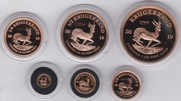 2019 South Africa Gold Proof Remembrance Krugerrand Six Coin Set. This six coin set coin contains 1.918 ounces of fine Gold.