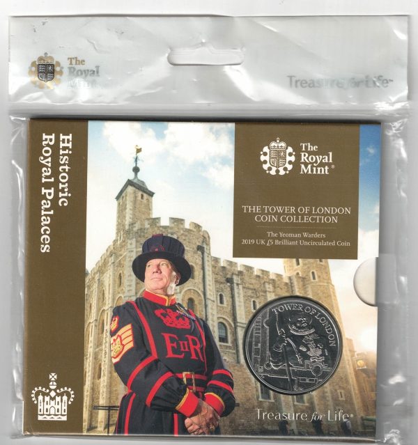 2019 Five Pounds Coin Tower of London. featuring Queen Elizabeth II on the Obverse. A Yeoman Warder on Reverse. All five pound coins are in stock.