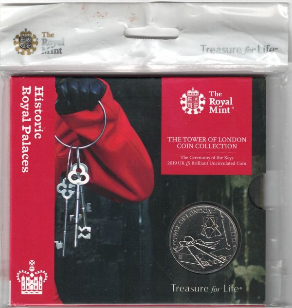 2019 Five Pounds Coin Tower of London. featuring Queen Elizabeth II on the Obverse. Three keys and lantern on Reverse. All five pound coins are in stock.