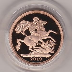 2019 Piedfort Gold Proof Sovereign coin featuring the fifth portrait of queen Elizabeth II Obverse & St George and the Dragon Reverse.