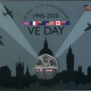 2020 Gibraltar VE DAY Fifty Pence Coin. The obverse features the portrait of Queen Elizabeth II facing to the right. All coins are in stock.